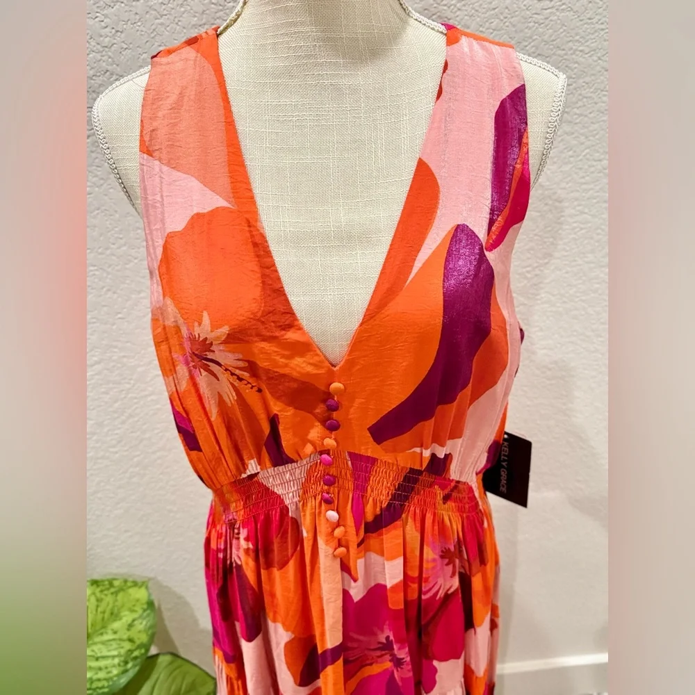 KELLY GRACE - Taylor Tiered Midi Dress - Orange Pink Floral - Size XL - Picture 4 of 8